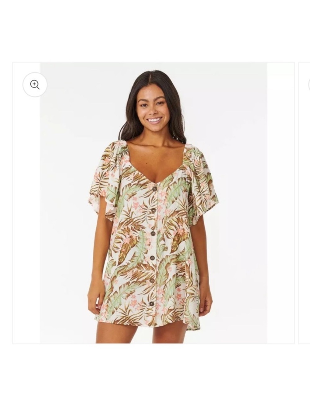 Rip Curl Tropical Button-Front Mini Dress in Beige, Green & Brown